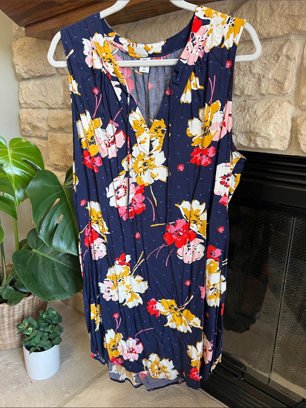 Old Navy Navy Floral Midi Dress with Pink & Yellow Blooms